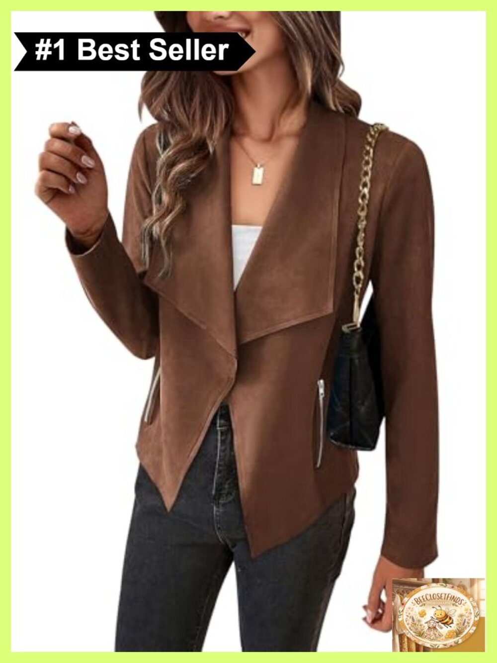Faux Suede Cropped Jacket Waterfall Collar Zip Pockets Casual Outerwear